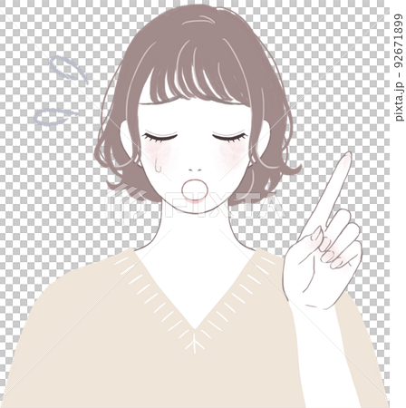 A cute woman with a short cut (perm) pointing in trouble ver 92671899