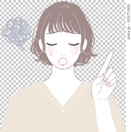 A cute woman with a short cut (perm) pointing in trouble ver 92671900