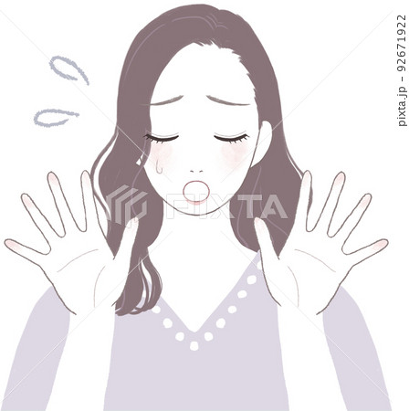 困って落ち込むロングヘア(ウェーブ)の美人な女性 手を開いたポーズver 困って落ち込むロングヘア(ウェーブ)の美人な女性 手を開いたポーズver 92671922