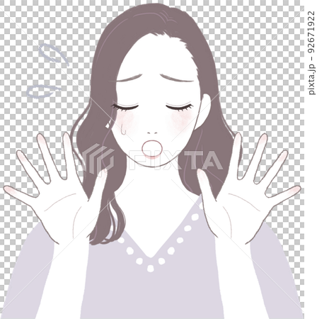 困って落ち込むロングヘア(ウェーブ)の美人な女性 手を開いたポーズver 困って落ち込むロングヘア(ウェーブ)の美人な女性 手を開いたポーズver 92671922