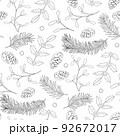 Seamless pattern for Merry Christmas Holiday decor. Black and white background with mistletoe, holly plant, cones and coniferous branches. Backdrop for social media, coloring book, banner design. 92672017