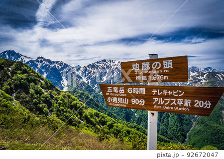 地蔵の頭の案内標識と、北アルプスの山々 92672047