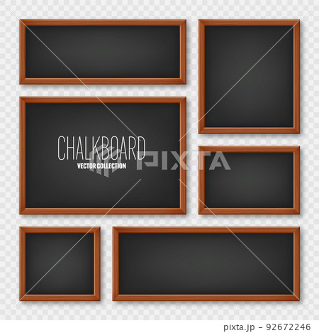 Realistic various chalkboards in a wooden frame. Black restaurant menu board. School blackboard, writing surface for text or drawing. Blank advertising or presentation boards. Vector illustration Realistic various chalkboards in a wooden frame. Black restaurant menu board. School blackboard, writing surface for text or drawing. Blank advertising or presentation boards. Vector illustration 92672246