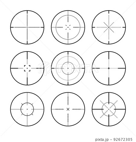 Various sniper rifle sights, weapon optical scope crosshair. Hunting gun viewfinder. Shooting mark symbol, aim. Military target sign. Game interface UI element. Vector illustration Various sniper rifle sights, weapon optical scope crosshair. Hunting gun viewfinder. Shooting mark symbol, aim. Military target sign. Game interface UI element. Vector illustration 92672305