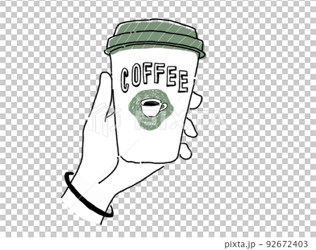 テイクアウトのコーヒーを持つ手のイラスト/モスグリーン 92672403