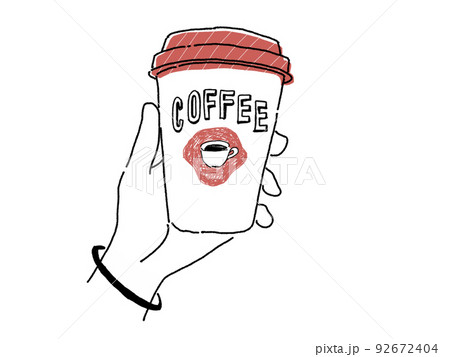 テイクアウトのコーヒーを持つ手のイラスト 赤色のイラスト素材
