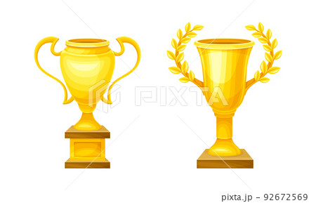 Winner Yellow Cup Award and Trophy on Pedestal for Successful Competition Vector Set 92672569