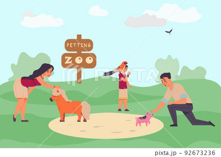 Adopted pets. People taking animals from vet clinics or dog shelter. Happy characters play with horse and pig. Boy feeding parrot. Zoo petting. Nature landscape. Vector cartoon illustration 92673236