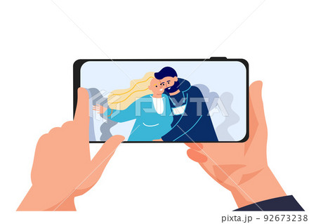Family photo. Couple embrace photography on mobile screen. Hands holding smartphone. Man and woman together portrait. Human arms with phone. Happy people snapshot. Vector illustration 92673238