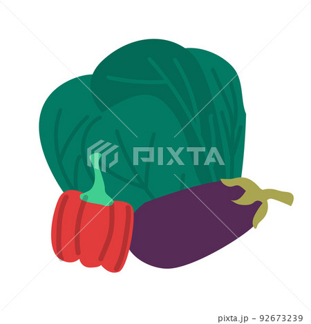 Vegans and organic food. Cartoon vegetarians with natural eco meal. Healthy lifestyle. Pepper and eggplant. Cabbage or green lettuce. Diet nutrition ingredients. Vector vegetables group 92673239
