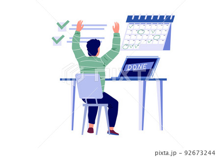 Time management. People planning office work and strategy. Tasks priority and agenda control. Completed paperwork. Man at computer. Worker finished job. Vector job organization concept 92673244