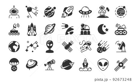 Space icons. Earth and universe symbols. Astronaut in rocket with satellite. Astronomy stars like moon or sun. Meteorite and telescope. Silhouette pictograms set. Vector illustration 92673248