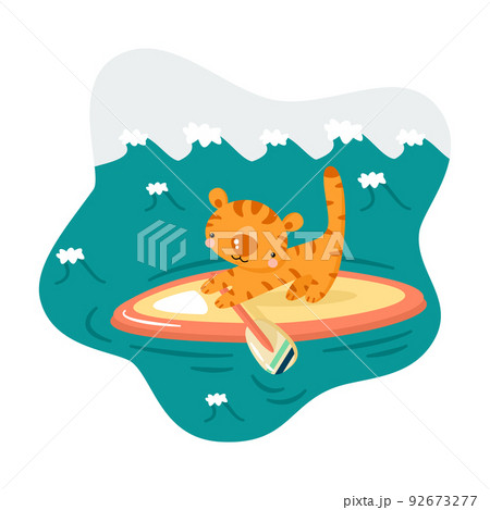 Cute cartoon surfer tiger. Animal character standing on surfboard. Summer Illustration for cards, posters. Cute cartoon surfer tiger. Animal character standing on surfboard. Summer Illustration for cards, posters. 92673277