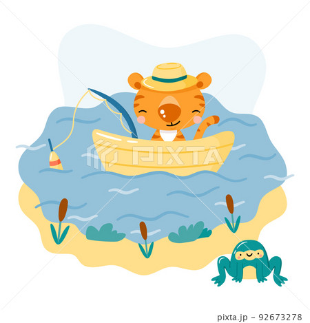 Cute cartoon fishing tiger sailing in boat and funny frog sitting by the lake. Animal character for kids. Summer Illustration for cards, posters. Cute cartoon fishing tiger sailing in boat and funny frog sitting by the lake. Animal character for kids. Summer Illustration for cards, posters. 92673278