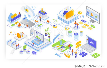 Blog content writing, cloud storage file transfer, edit, smart photo album, flat vector isometric illustration. 92673579