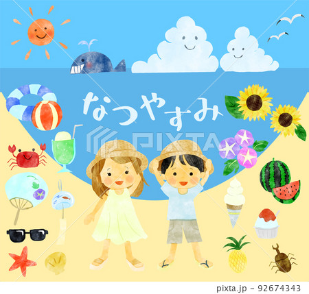 夏休みの手書き風の子どもたちのイラストセット 92674343
