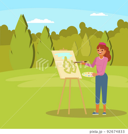 Woman painting green park vector flat illustration 92674833