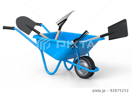Garden wheelbarrow with garden tools like shovel, rake and fork on white background. Handcart or cart with wheel. 3d render of farm gardening tool for carriage of cargoes. Garden wheelbarrow with garden tools like shovel, rake and fork on white background. Handcart or cart with wheel. 3d render of farm gardening tool for carriage of cargoes. 92675252