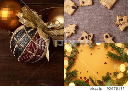 A collage of Christmas cookies, fir branches and a piece of Christmas tree decoration in the form of a ball. Christmas background with copy space. High quality photo A collage of Christmas cookies, fir branches and a piece of Christmas tree decoration in the form of a ball. Christmas background with copy space. High quality photo 92676135
