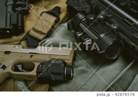 Weapons and military equipment for army, Assault rifle gun (M4A1) and handgun 9mm 92676578
