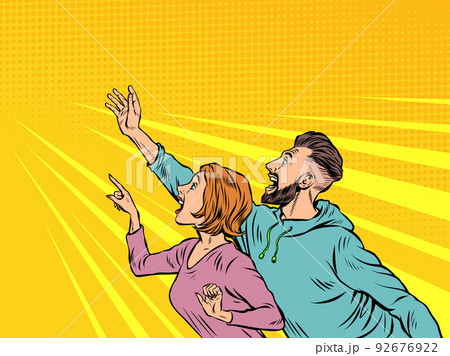 woman and man couple People point with their hand. Template advertising announcement news sale. Pop art style 92676922