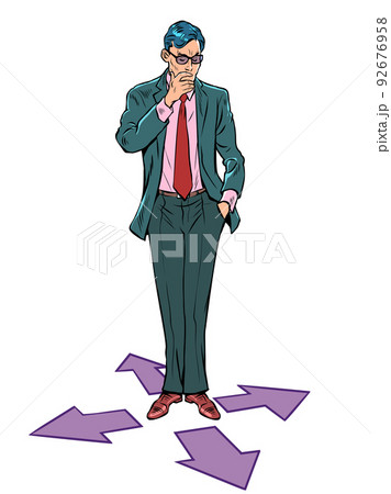 The avatar businessman is thinking where to go, right, left, forward or backward. Computer character 92676958