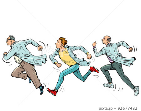 scientists run, scientific research. Doctors in white coats. Sports and health, anxiety and speed scientists run, scientific research. Doctors in white coats. Sports and health, anxiety and speed 92677432