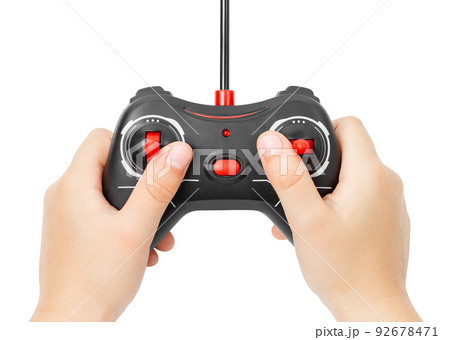 Radio control remote in children's hands. Radio control remote control isolated on white background. Radio control remote in children's hands. Radio control remote control isolated on white background. 92678471