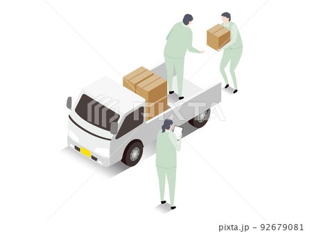 アイソメトリック＿トラックに段ボールを詰め込む運送業者のイラスト 92679081