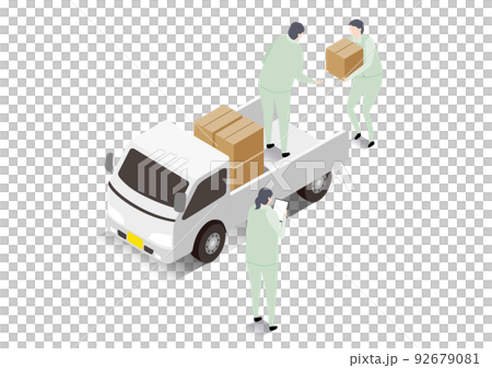 アイソメトリック＿トラックに段ボールを詰め込む運送業者のイラスト 92679081