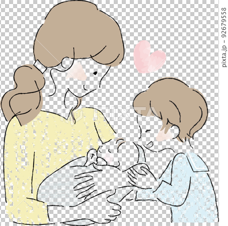 A mother holding a baby, a brother looking in, a parent and child 92679558