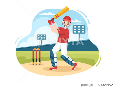 Batsman Playing Cricket Sports with Ball and Stick in Flat Cartoon Field Background Illustration Batsman Playing Cricket Sports with Ball and Stick in Flat Cartoon Field Background Illustration 92684952