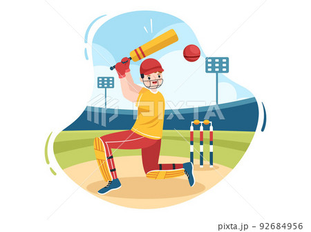 Batsman Playing Cricket Sports with Ball and Stick in Flat Cartoon Field Background Illustration Batsman Playing Cricket Sports with Ball and Stick in Flat Cartoon Field Background Illustration 92684956