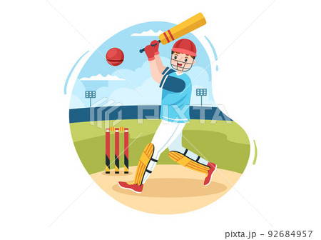 Batsman Playing Cricket Sports with Ball and Stick in Flat Cartoon Field Background Illustration Batsman Playing Cricket Sports with Ball and Stick in Flat Cartoon Field Background Illustration 92684957