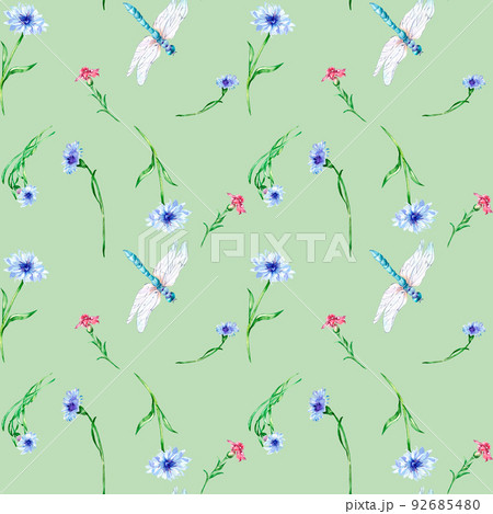 Meadow blue. pink flowers with dragonfly watercolor seamless pattern on green. 92685480