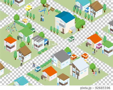 View of a town with people and houses and parks 92685596