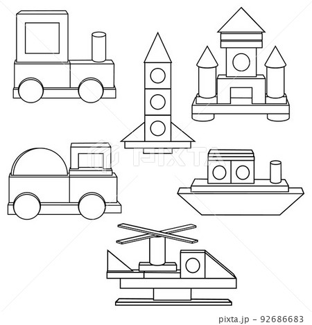 Construction of transport from wooden cubes, black outline, coloring, vector isolated illustration in flat style Construction of transport from wooden cubes, black outline, coloring, vector isolated illustration in flat style 92686683