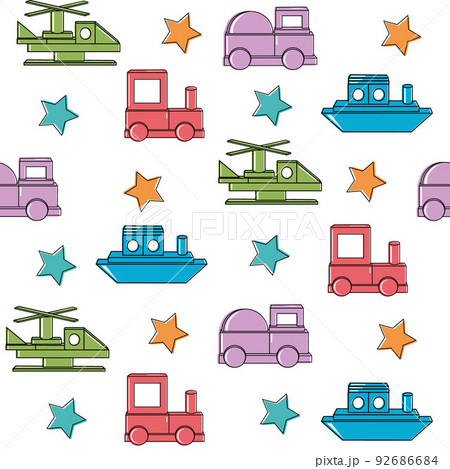 Transport pattern made of colored wooden cubes, vector isolated illustration in flat style 92686684