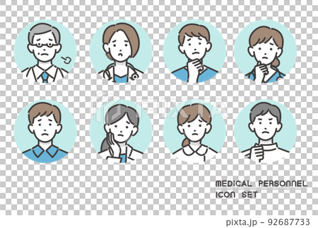 困ったり悩んだりしている、シンプルで使いやすい福祉、医療従事者の顔アイコンののベクターイラスト素材／ 92687733