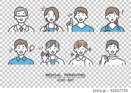 笑顔や驚いたりしている、シンプルで使いやすい福祉、医療従事者の顔アイコンののベクターイラスト素材/医 笑顔や驚いたりしている、シンプルで使いやすい福祉、医療従事者の顔アイコンののベクターイラスト素材/医 92687736