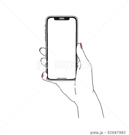 シンプルなスマホを持つ女性の手 スマートフォンのモックアップフレーム	 92687985