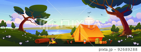 Camping tent with campfire and tourist equipment Camping tent with campfire and tourist equipment 92689288