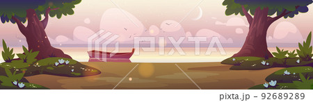 Sunrise landscape wooden boat at shore, vector 92689289