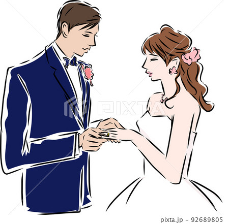 指輪交換をする新郎新婦 結婚式のイラスト素材