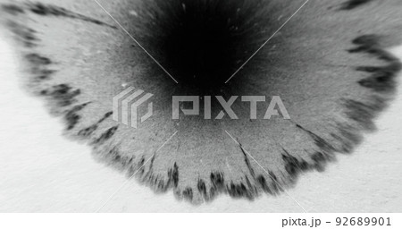 Black ink drop on white paper. Splash overlay. Torn edge texture. Liquid paint blob on grain noise abstract background with defocused motion blur. Black ink drop on white paper. Splash overlay. Torn edge texture. Liquid paint blob on grain noise abstract background with defocused motion blur. 92689901