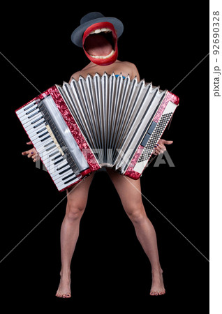 Contemporary art collage. Composition with young woman headed of female mouth. Pretty young sexy women with accordion. 92690328