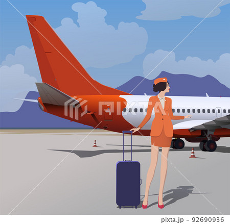 Stewardess with a bag near the plane at the airport. Vector. 92690936