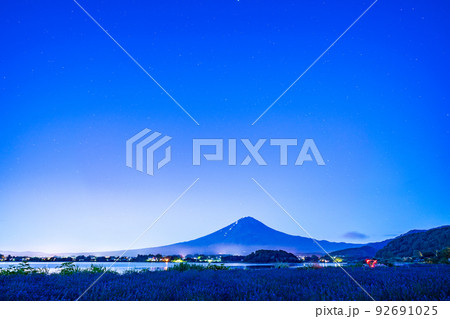 （山梨県）星空の下、河口湖のラベンダーと富士山 92691025