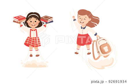 Superhero Girl at School Flying Forward Achieving Goal and Gaining Knowledge Vector Set 92691934