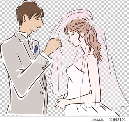 婚禮儀式新郎舉起新娘的結婚面紗 92692101
